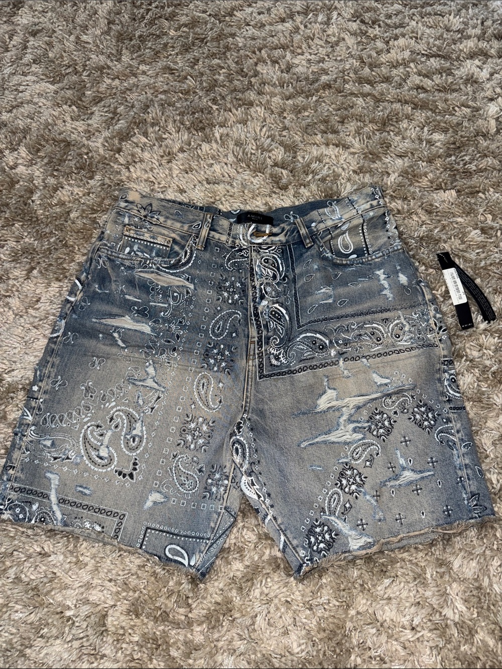 AMIRI Grey Bandana-Print Denim Shorts